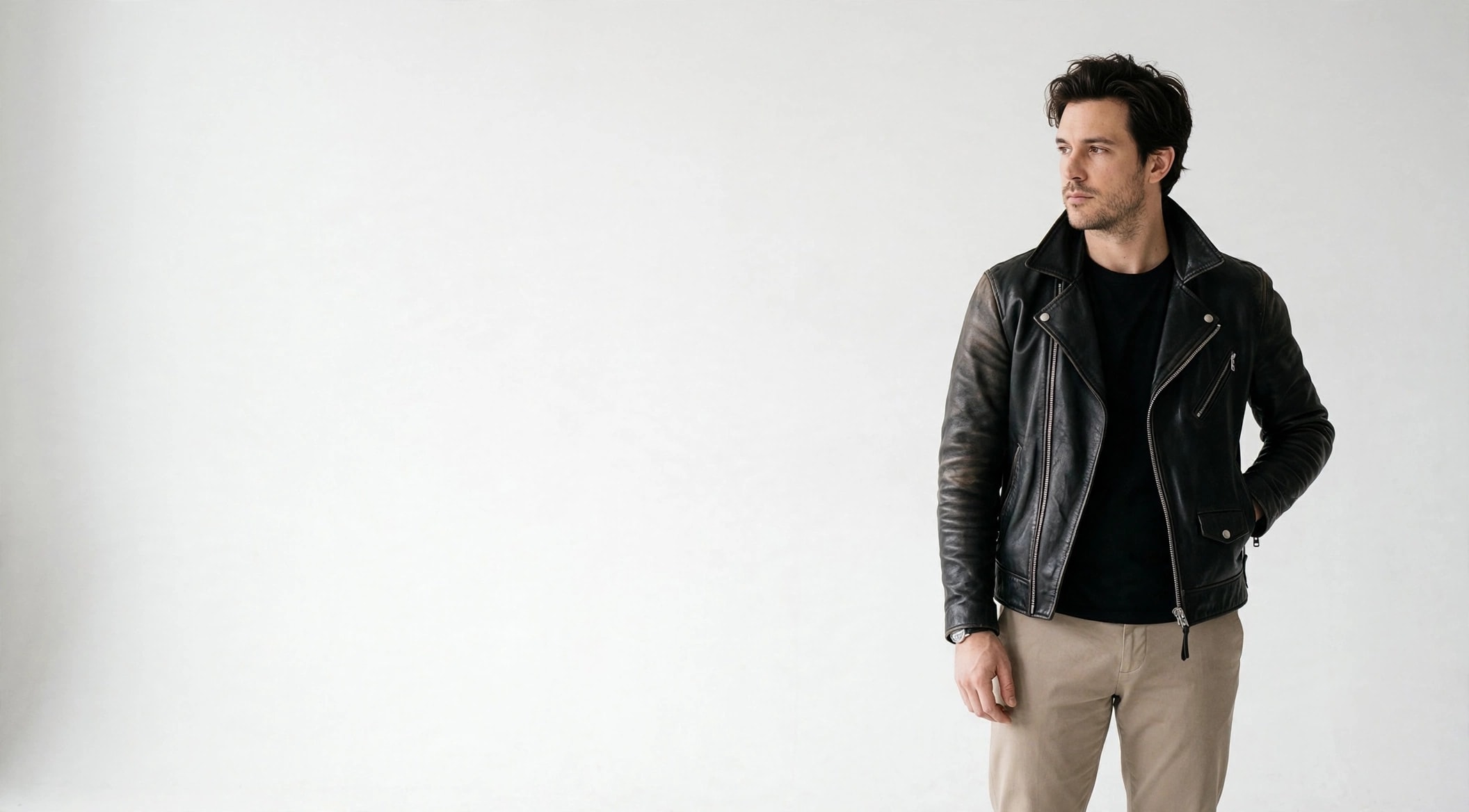Man wearing a black Kaptan Leather biker jacket