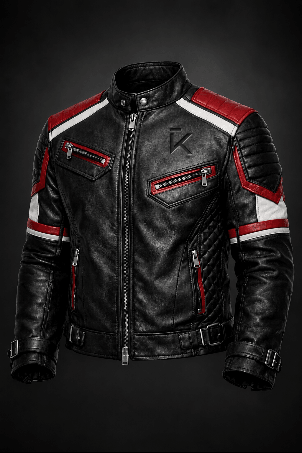 KAPTAN Men’s Black Red & White Cafe Racer Leather Jacket