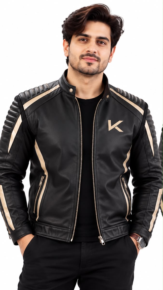 KAPTAN Black & Cream Biker Leather Jacket